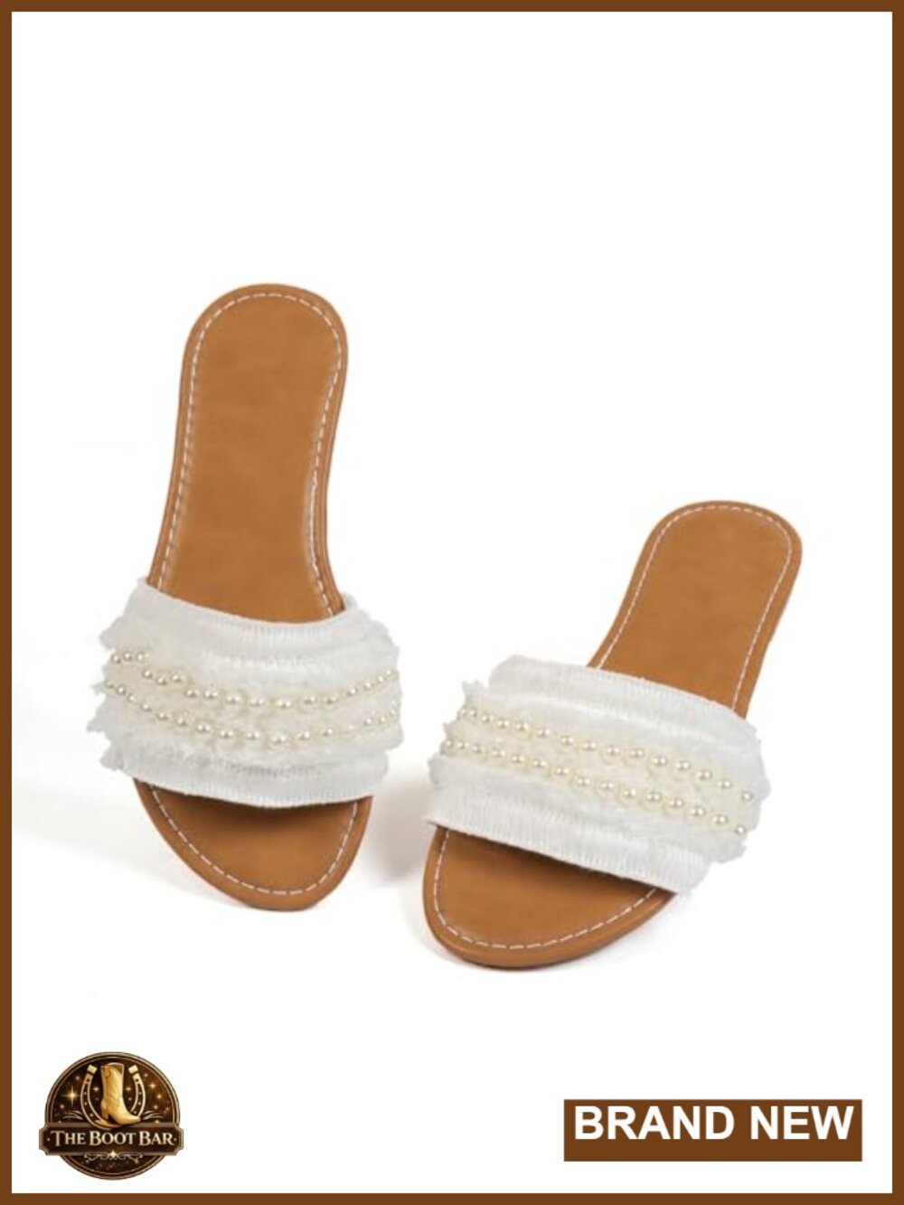 Pearl Fringe Flat Sandals, Slip-On Open Toe Beach Sandals with Anti-Slip Sole